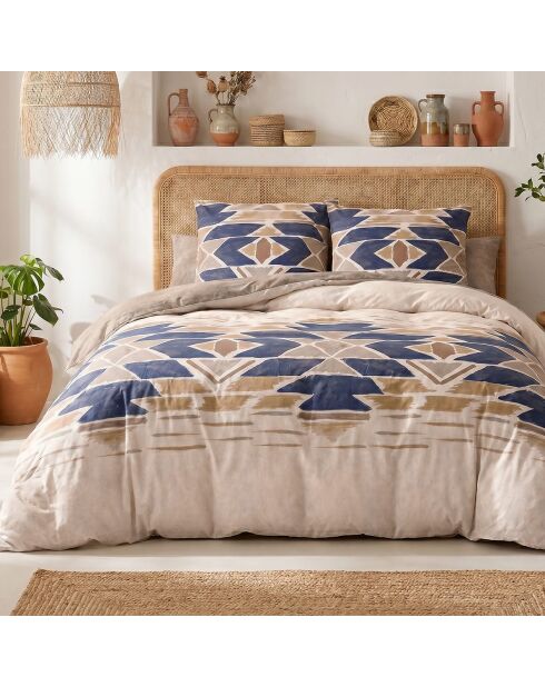 Parure housse de couette 3 pcs en coton Apotek bleu/beige