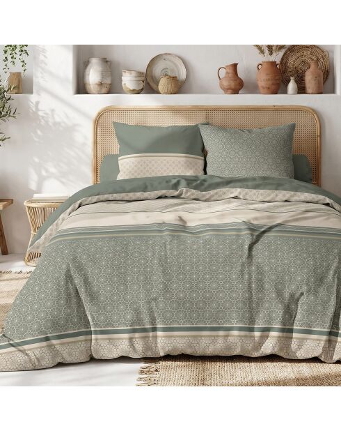 Parure housse de couette 3 pcs en coton Cylus vert sauge/beige