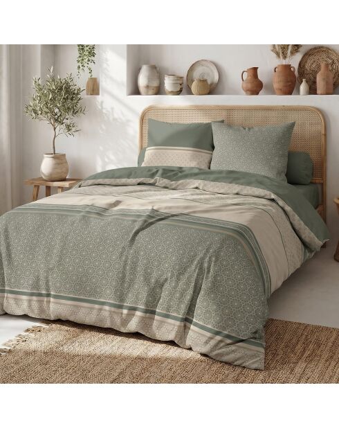 Parure housse de couette 3 pcs en coton Cylus vert sauge/beige