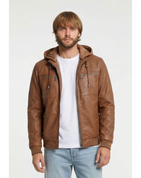 Leo Cognac leren jack met capuchon