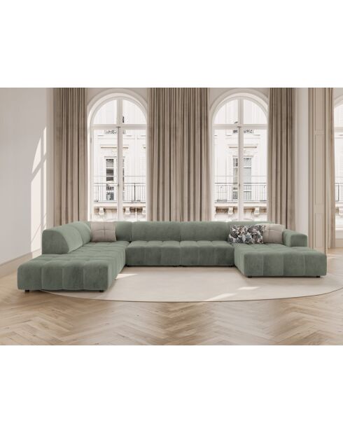 Luc panoramische hoekbank links open in donker olijfgroene structuurstof voor 7 personen - 361x259x77 cm