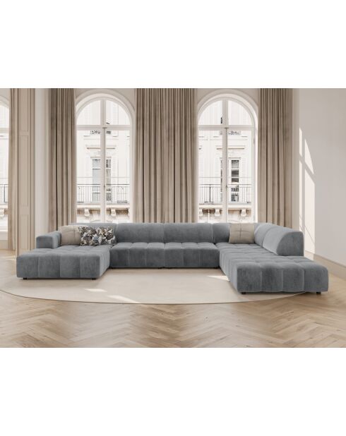 Luc panoramische rechter open hoekbank in grijze structuurstof voor 7 personen - 361x259x77 cm
