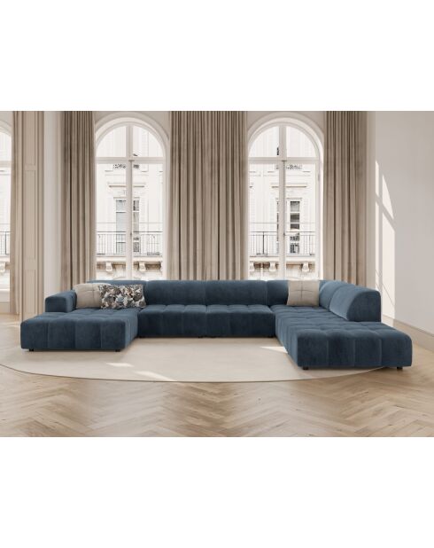 Luc panoramische rechter open hoekbank in donkerblauwe structuurstof voor 7 personen - 361x259x77 cm