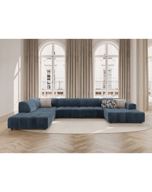 Panoramische hoekbank Luc open links in donkerblauwe structuurstof voor 7 personen - 361x259x77 cm