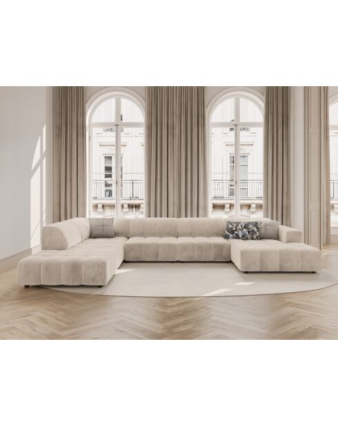 Luc panoramische hoekbank links open in structuurstof 7 zitplaatsen zand - 361x259x77 cm
