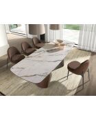 Ausziehbarer ovaler tonnenförmiger Esstisch aus weißem Porzellanmarmor/Sand/Nussbaum - 180x100x76 cm