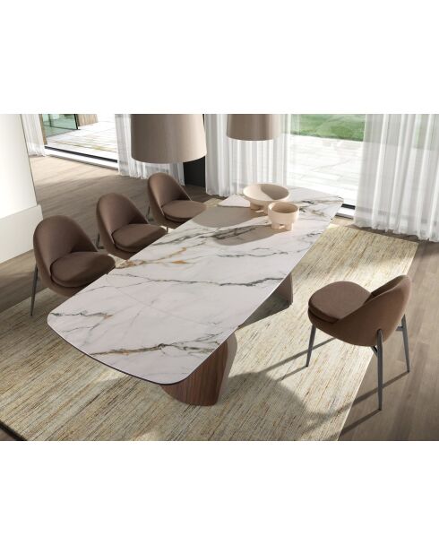 Ausziehbarer ovaler tonnenförmiger Esstisch aus weißem Porzellanmarmor/Sand/Nussbaum - 180x100x76 cm