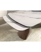 Ausziehbarer ovaler tonnenförmiger Esstisch aus weißem Porzellanmarmor/Sand/Nussbaum - 180x100x76 cm