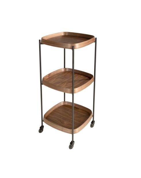 Minibarwagen in modern design met drie bakjes van walnoot/zwart - 50x50x124 cm