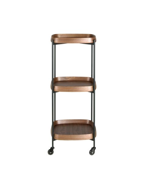 Minibarwagen in modern design met drie bakjes van walnoot/zwart - 50x50x124 cm