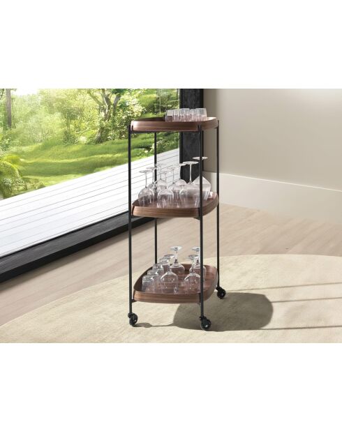 Minibarwagen in modern design met drie bakjes van walnoot/zwart - 50x50x124 cm