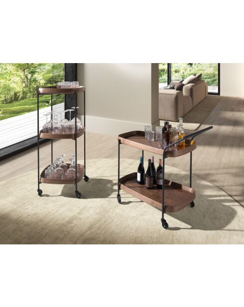 Minibarwagen in modern design met drie bakjes van walnoot/zwart - 50x50x124 cm
