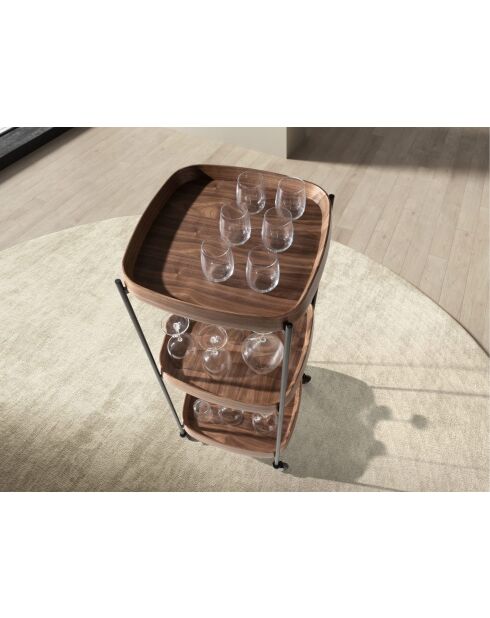 Minibarwagen in modern design met drie bakjes van walnoot/zwart - 50x50x124 cm