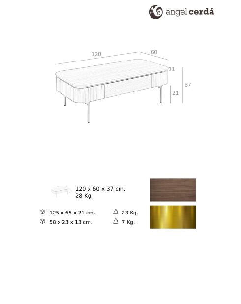 Tavolino rettangolare in noce/oro - 120x60x37 cm