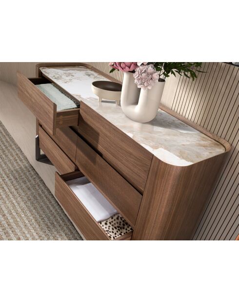 Commode au design moderne blanc/acier foncé/noyer - 145x45x78 cm