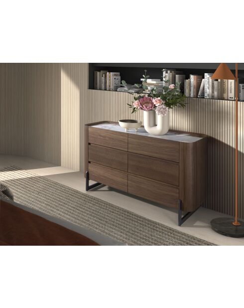 Commode au design moderne blanc/acier foncé/noyer - 145x45x78 cm