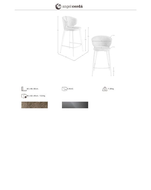 Tabouret de bar au design moderne avec assise et dossier brun marbré/gris anthracite - 52x48x92 cm
