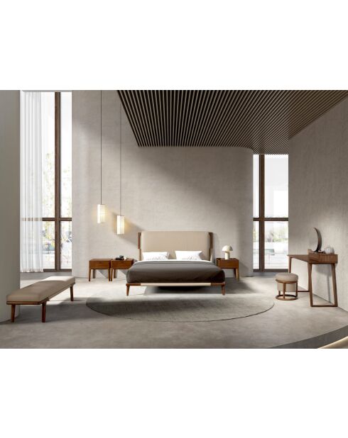 Moderner Hocker aus Kunstleder mit Sitzbezug aus Nerz/dunklem Nussbaum - 162x50x43 cm