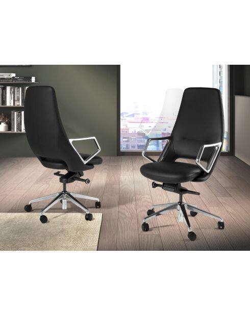 Fauteuil de bureau en cuir pivotant moderne avec assise et dossier noir/acier - 57x68x113 cm