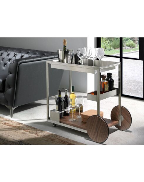 Minibarwagen van walnoot/staal - 80x45x74 cm