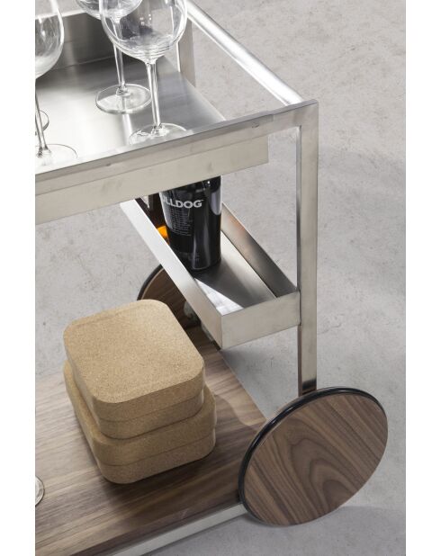 Minibarwagen van walnoot/staal - 80x45x74 cm