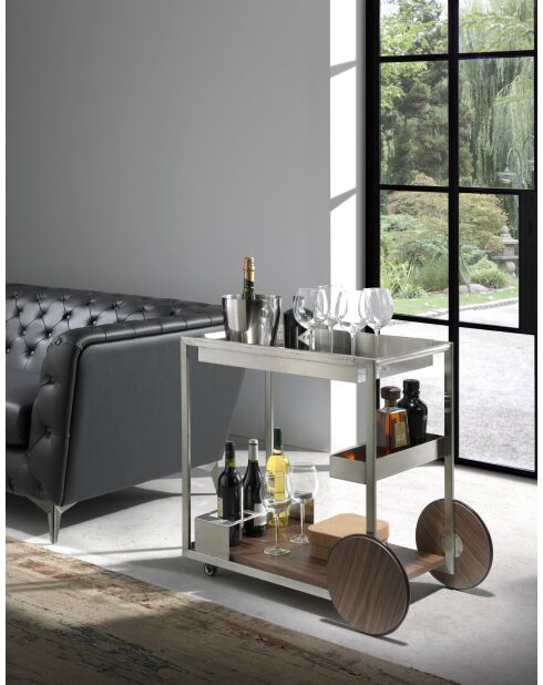 Minibarwagen van walnoot/staal - 80x45x74 cm