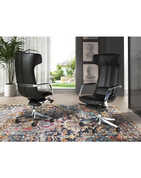 Fauteuil de bureau en cuir pivotant moderne avec assise et dossier noir/acier - 63x66x122 cm