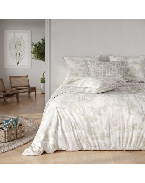 Parure 3 pièces - 1 Housse de couette + 2 taies d'oreiller Sylvie beige imprimées