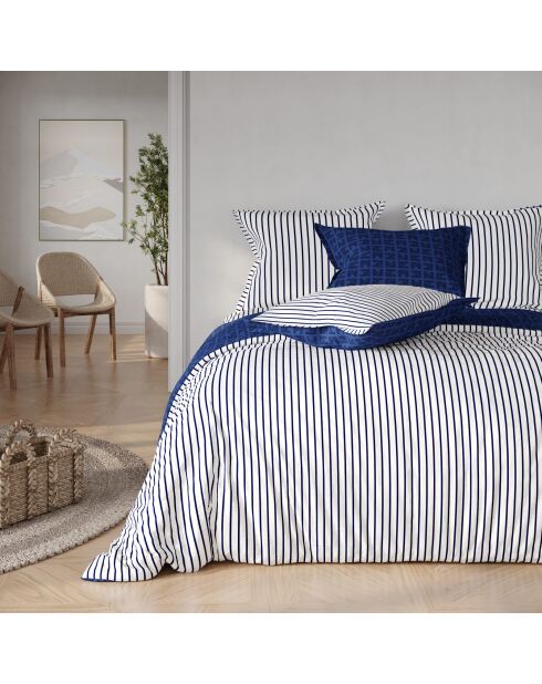 Parure 3 pièces - 1 Housse de couette + 2 taies d'oreiller Linda marine imprimées