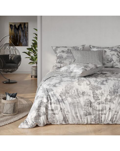 Parure 3 pièces - 1 Housse de couette + 2 taies d'oreiller Sylvie gris imprimées