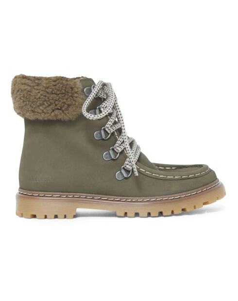 Boots  en cuir à lacets  Shearling vert olive