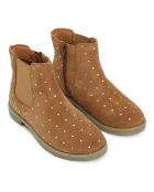 Kamelfarbene Wildlederstiefel mit goldenen Tupfen