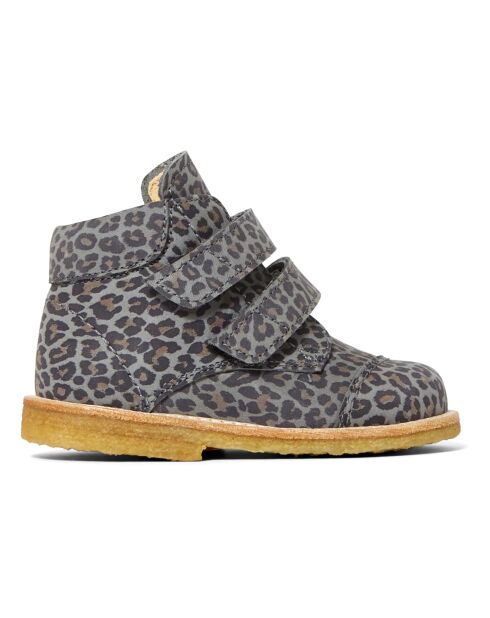 Bottines montantes en cuir scratchs Léopard grises