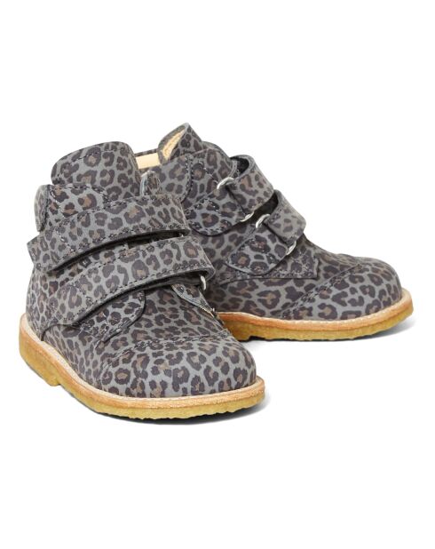 Bottines montantes en cuir scratchs Léopard grises