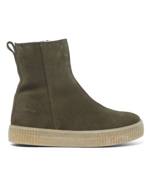 Boots fourrées  en cuir zippées vert kaki