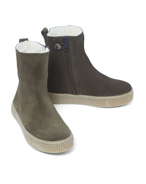 Boots fourrées  en cuir zippées vert kaki