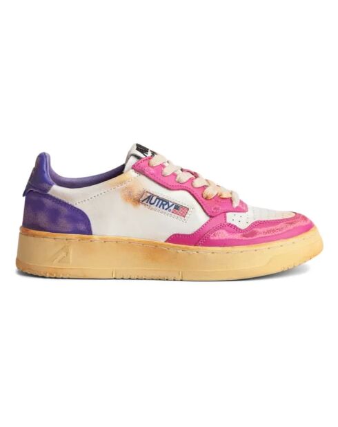Sneakers basse Super Vintage in pelle bicolore rosa fluo