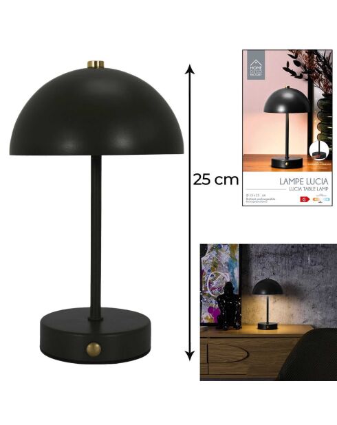 Lámpara de mesa recargable negra Lucia - 15,5x25,5x15,5 cm