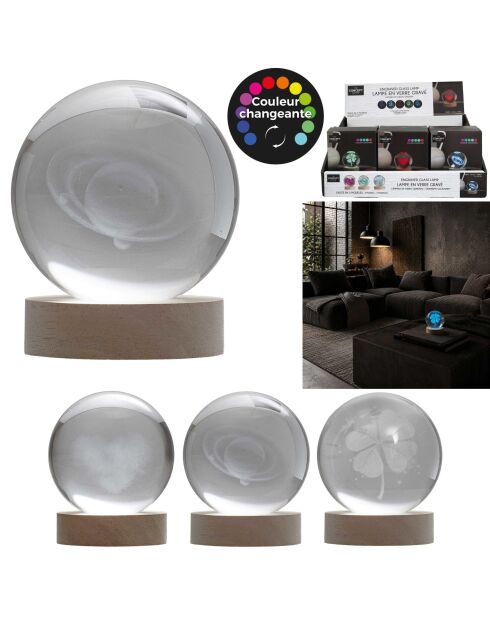 Set de 3 lámparas de cristal blanco grabadas con efecto bola de cristal - 7x13x7 cm