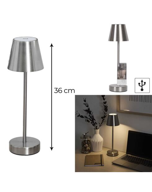Lámpara de mesa recargable USB plateada - H.36 cm