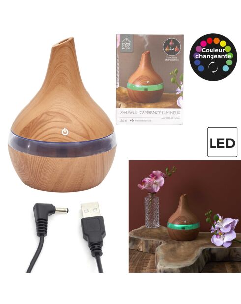 Diffusore di oli essenziali in legno chiaro a LED - 8,6x16x16 cm