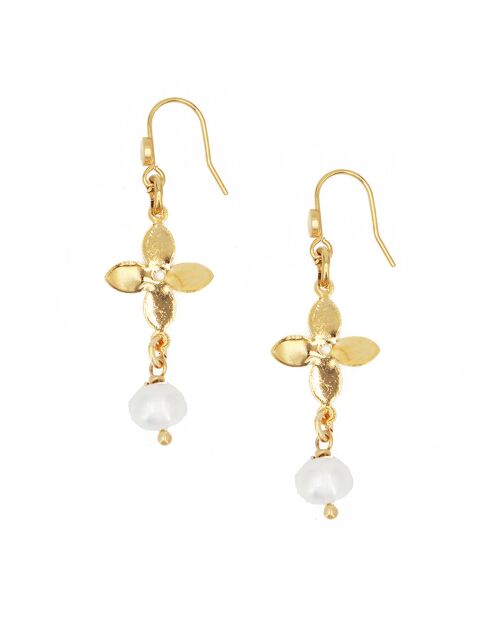 Pendientes de flores de oro, latón y perlas naturales