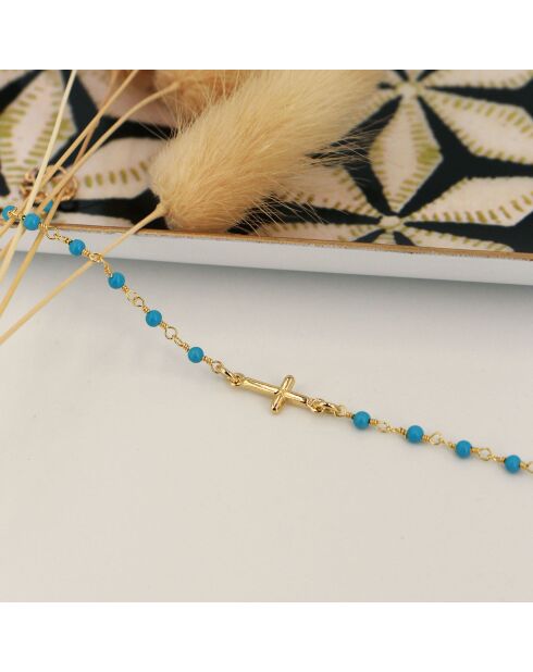 Bracelet Mini Stone Croix en laiton doré/Turquoise