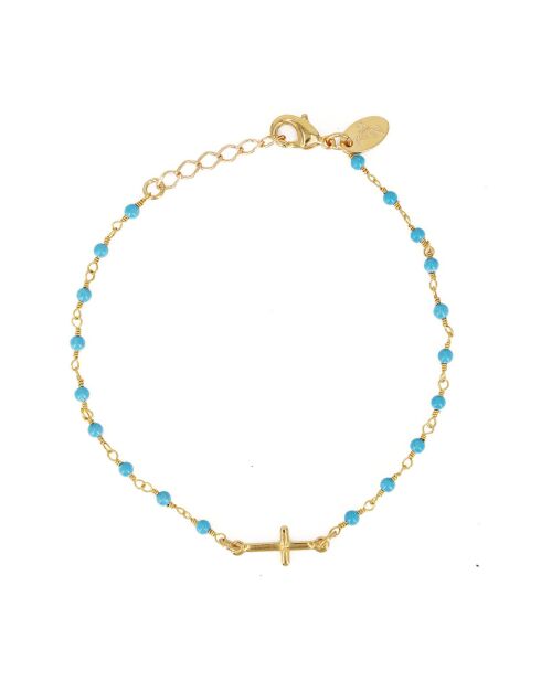 Bracelet Mini Stone Croix en laiton doré/Turquoise