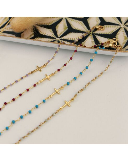 Bracelet Mini Stone Croix en laiton doré/Turquoise