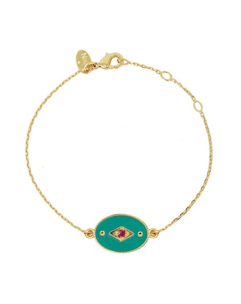 Indie-Armband aus goldenem Messing, Emaille/grüner Zirkonia