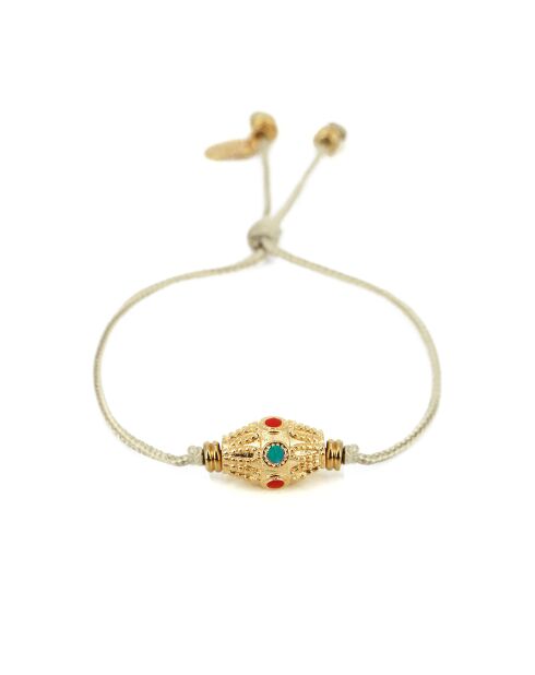 Pulsera Kamala de eslabones dorados, turquesas y rojos de latón nude