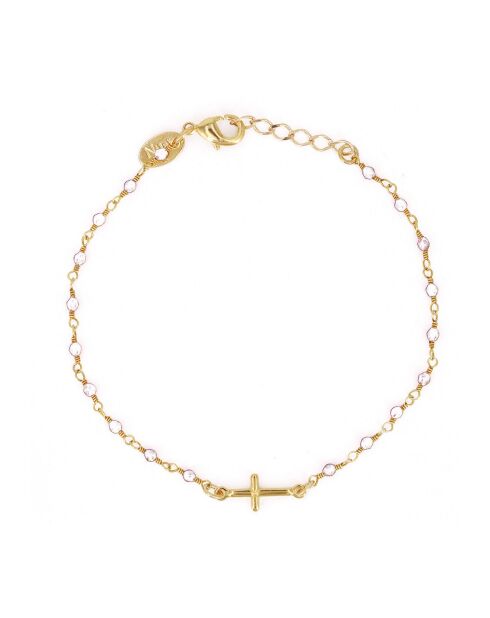 Mini-Steinkreuz-Armband aus goldenem Messing/Mondperle