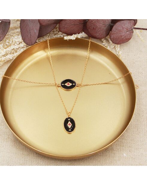 Collier Indie en Laiton doré, Email/Zircone noir
