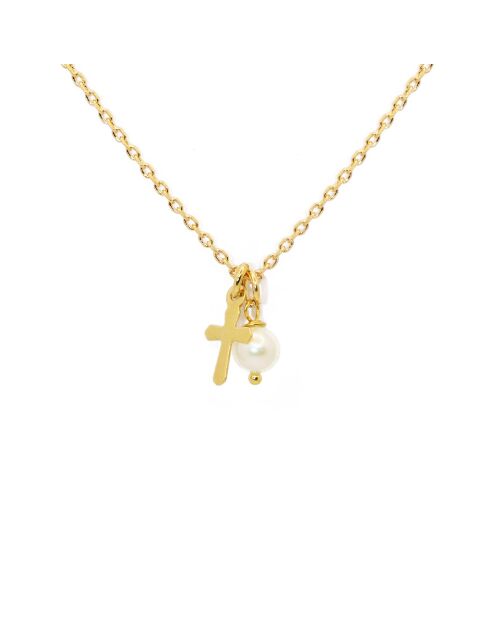 Collier en laiton Lylo doré/perle/croix